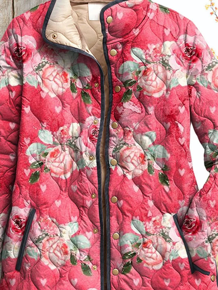 Elle | Charming Pink Floral Print Quilted Jacket for Women