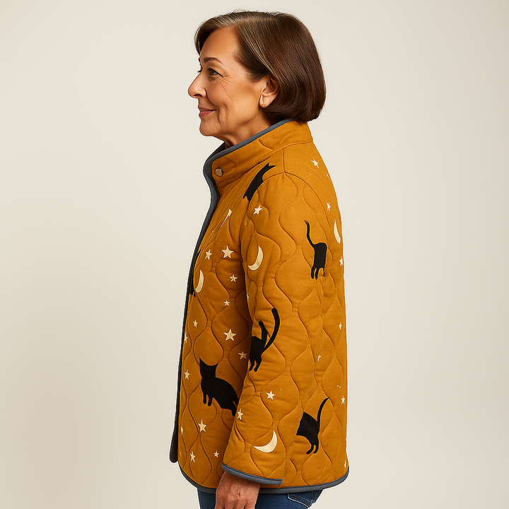 Elle | Casual Quilted Jacket with Black Cat Halloween Print