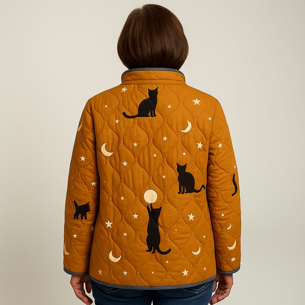 Elle | Casual Quilted Jacket with Black Cat Halloween Print