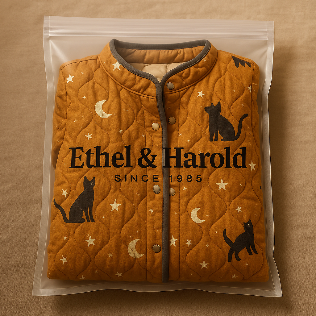 Elle | Casual Quilted Jacket with Black Cat Halloween Print