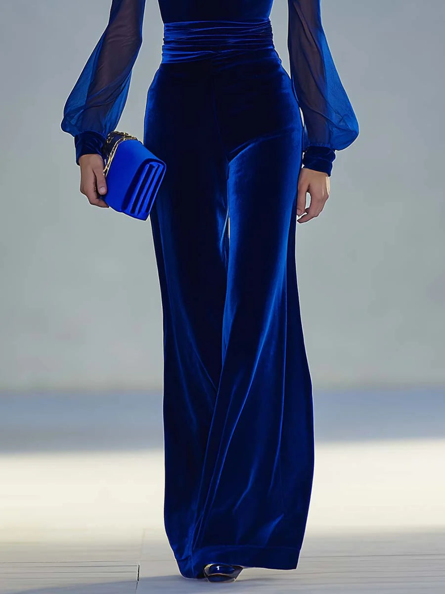 Sabrina™ - Long velvet jumpsuit with V-neck and long mesh sleeves, elegant and retro