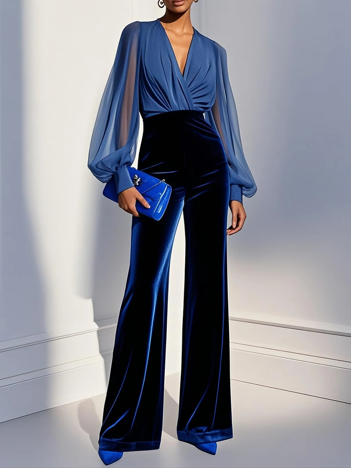 Zaira™ - Long Velvet Jumpsuit with V-Neck and Long Mesh Sleeves