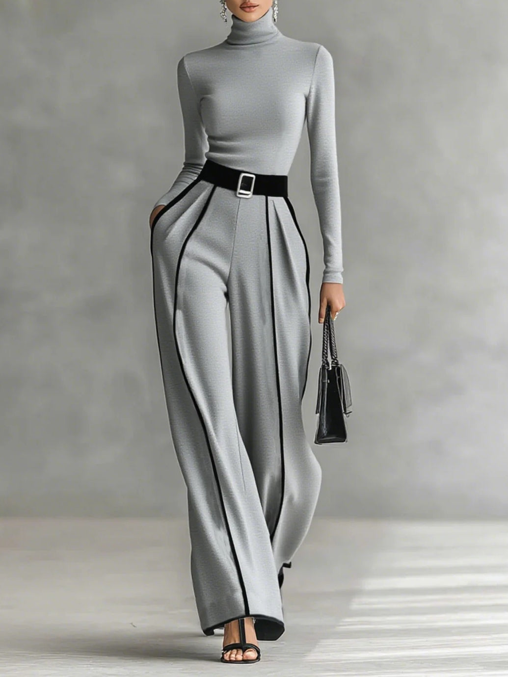Solana™ - High Neck Long Sleeve Top and Wide Leg Pants Set with Belt