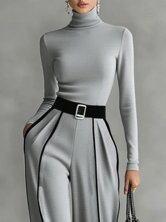 Solana™ - High Neck Long Sleeve Top and Wide Leg Pants Set with Belt