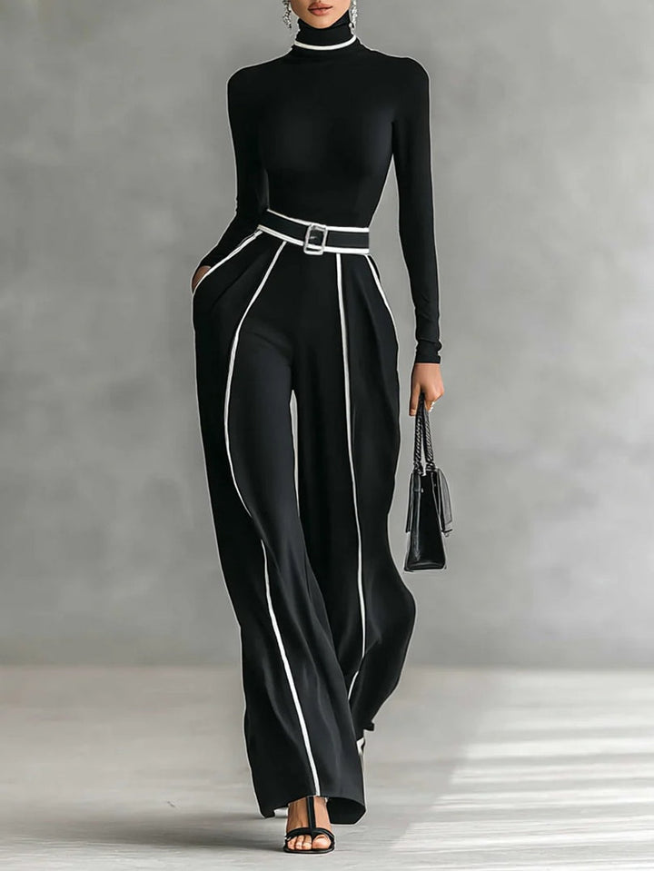 Solana™ - High Neck Long Sleeve Top and Wide Leg Pants Set with Belt