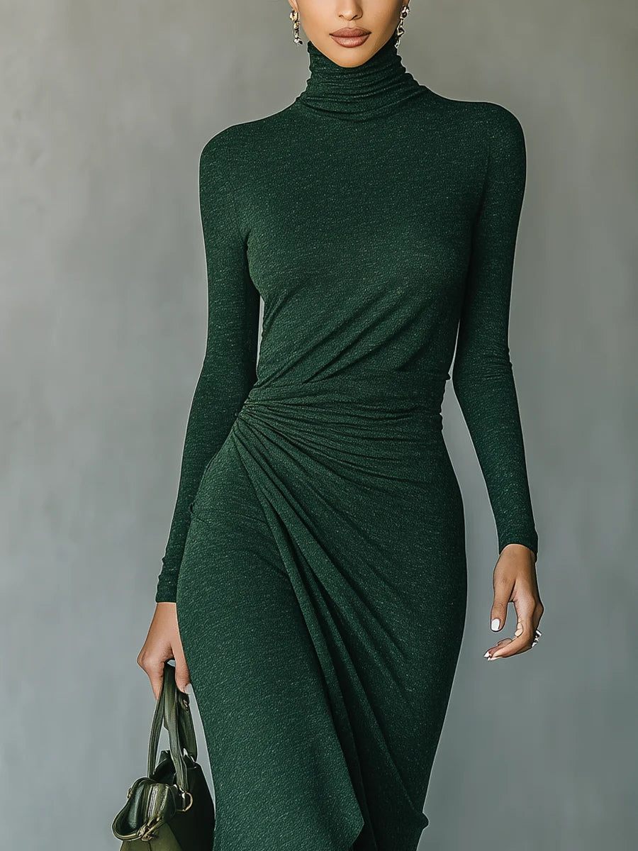Lenora™ - Asymmetrical wrap midi dress with pleats and high collar in dark green