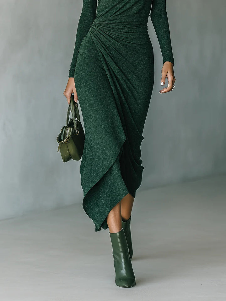 Lenora™ - Asymmetrical wrap midi dress with pleats and high collar in dark green