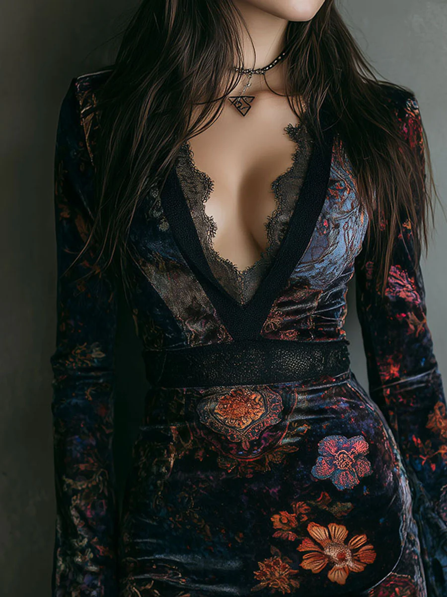 Grazia™ - Mini Slim-fit Velvet Dress with Floral Print and Lace