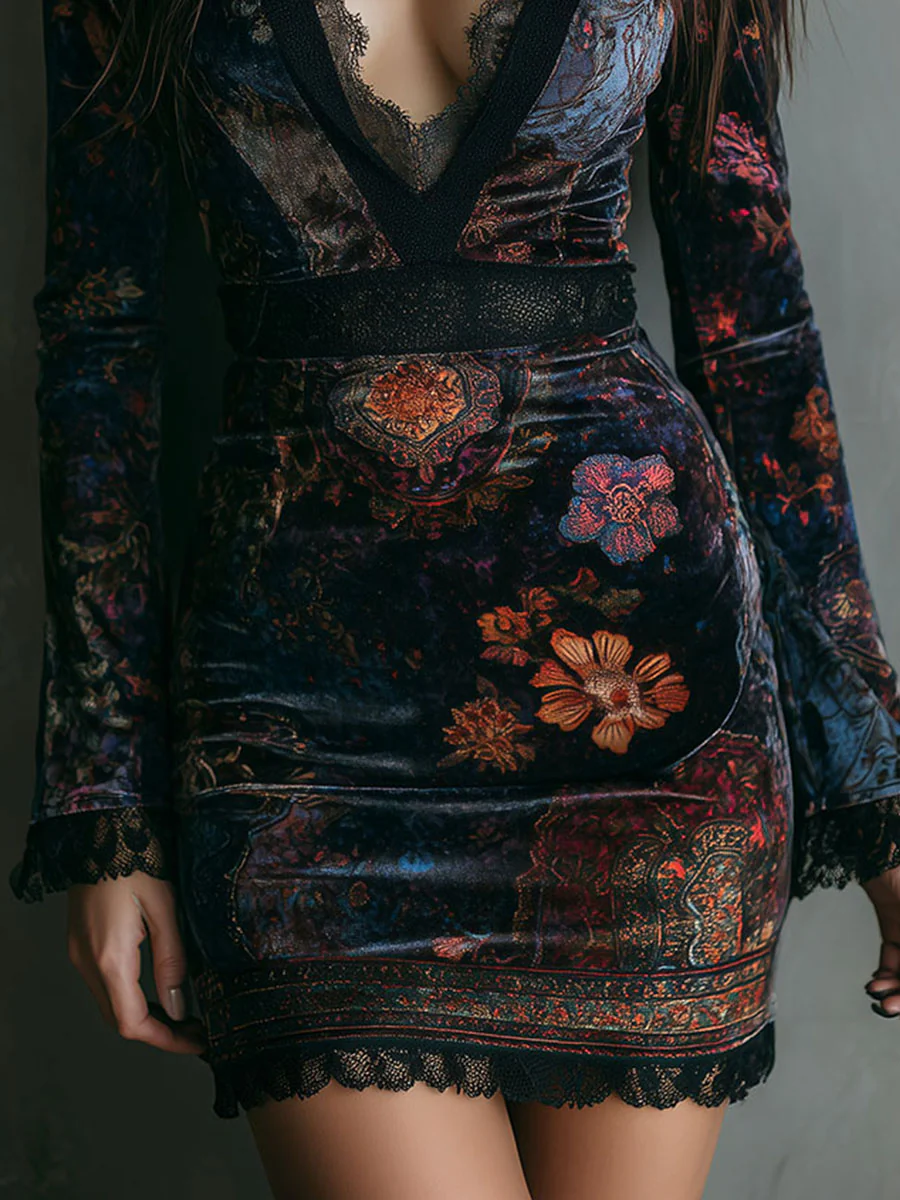 Grazia™ - Mini Slim-fit Velvet Dress with Floral Print and Lace