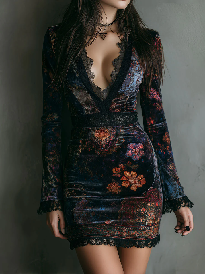 Grazia™ - Mini Slim-fit Velvet Dress with Floral Print and Lace