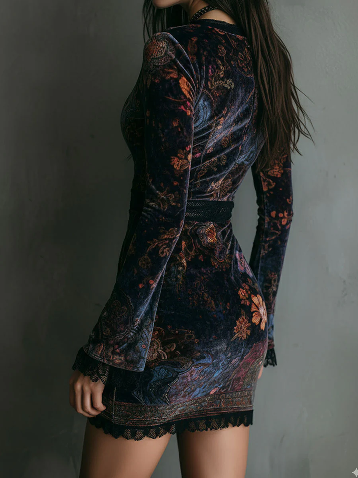 Grazia™ - Mini Slim-fit Velvet Dress with Floral Print and Lace