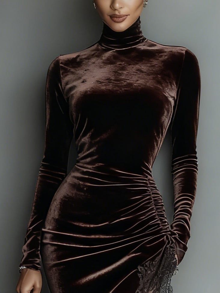 Isabella™ - Chocolate Velvet Fitted Maxi Dress with Irregular Lace Hem