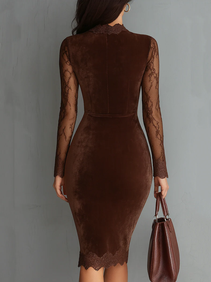 Gioia™ | Mini Velvet Dress with Vintage Keyhole Neck and Brown Lace Sleeves
