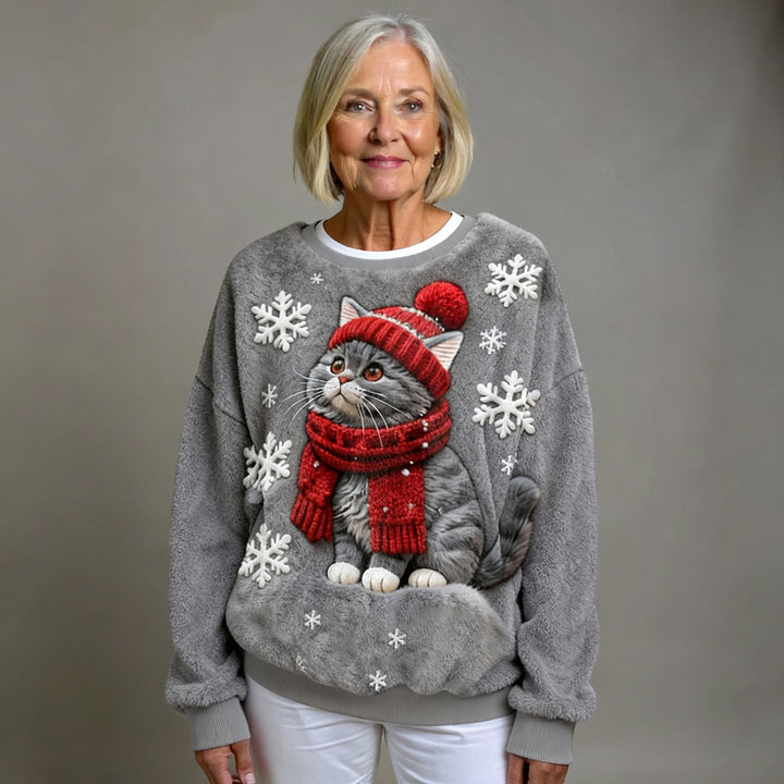 Casual Hooded Flannel Sweatshirt with Christmas Cat Print for Women