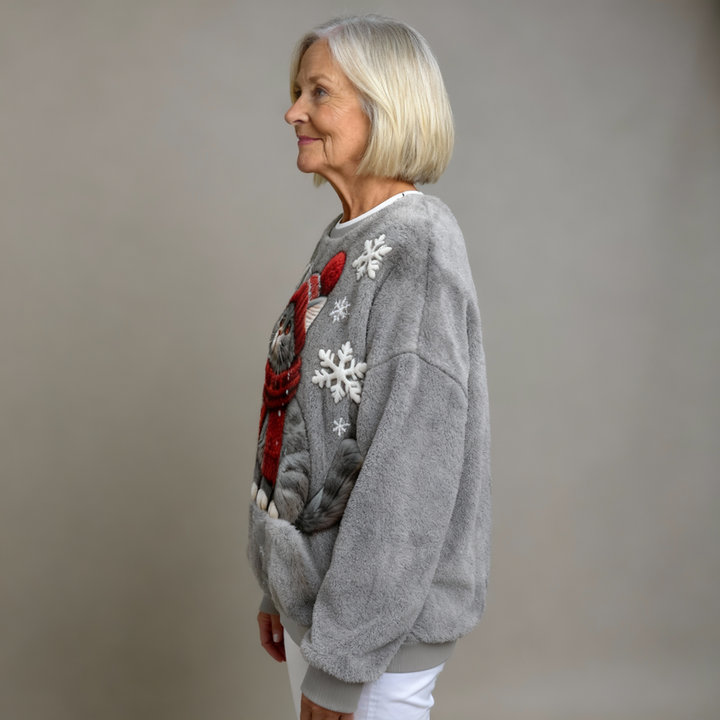Casual Hooded Flannel Sweatshirt with Christmas Cat Print for Women