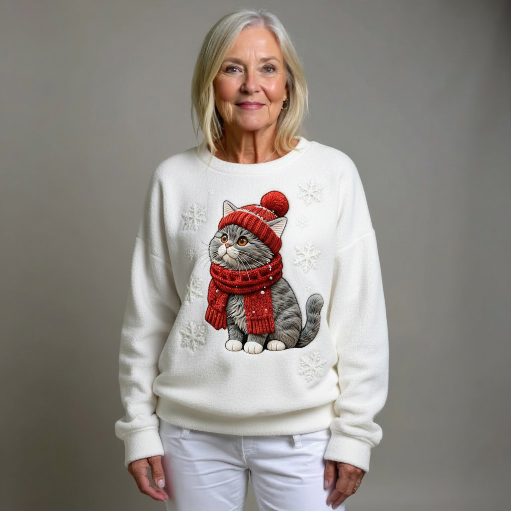 Casual Hooded Flannel Sweatshirt with Christmas Cat Print for Women