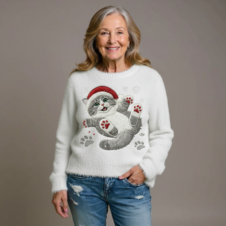 Casual Flannel Christmas Cat Art Sweatshirt for Women
