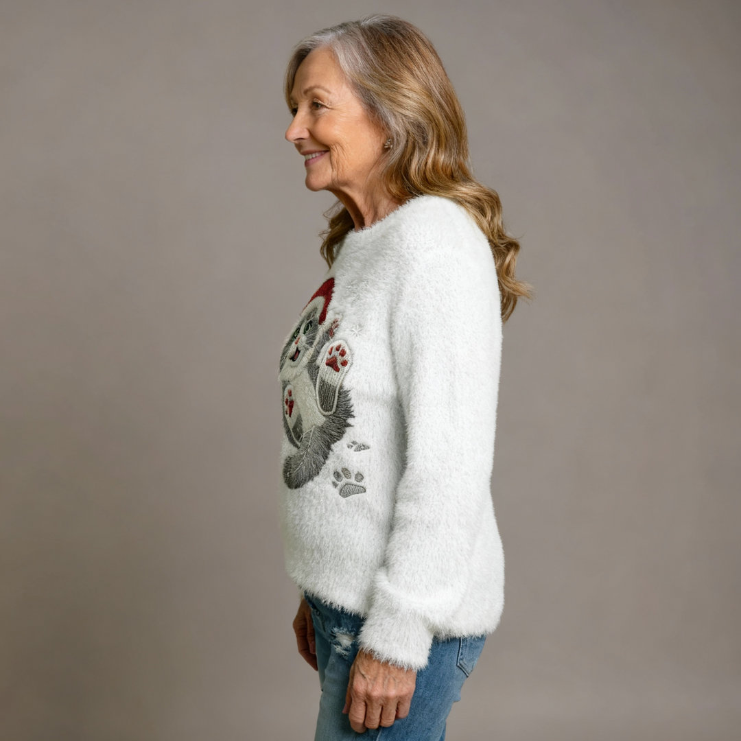 Casual Flannel Christmas Cat Art Sweatshirt for Women