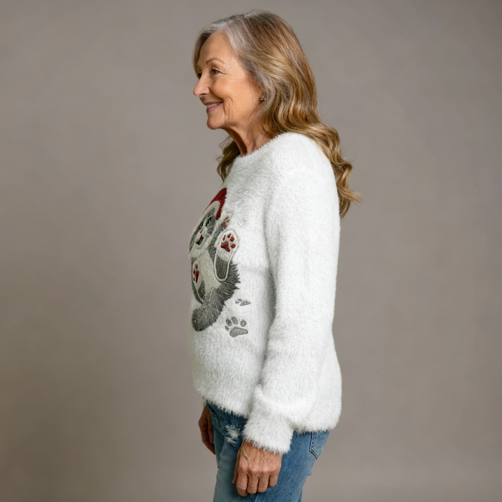 Casual Flannel Christmas Cat Art Sweatshirt for Women