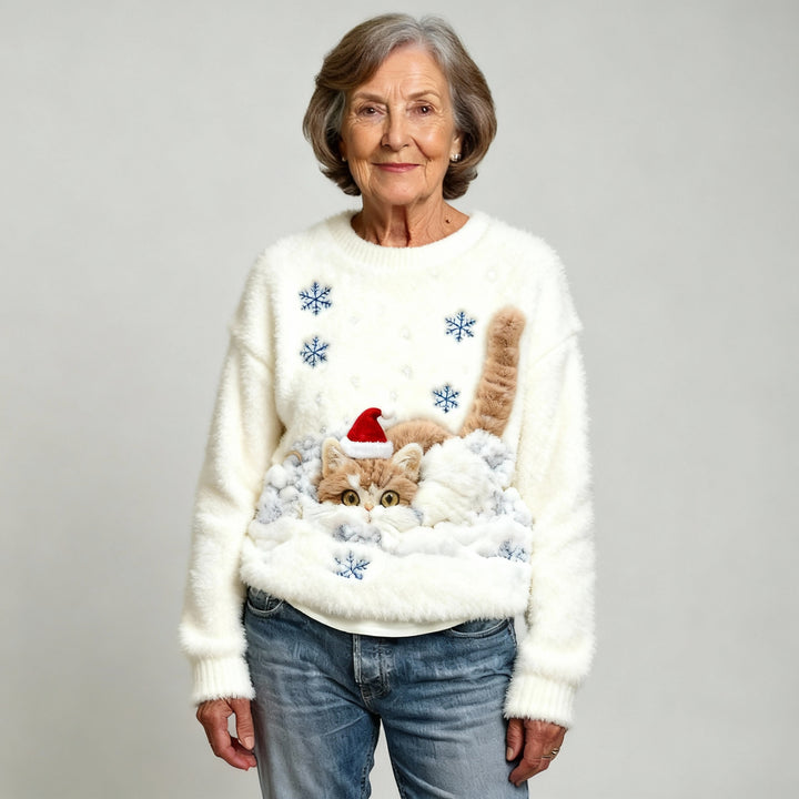 Casual Flannel Sweatshirt with Christmas Cat Print for Women