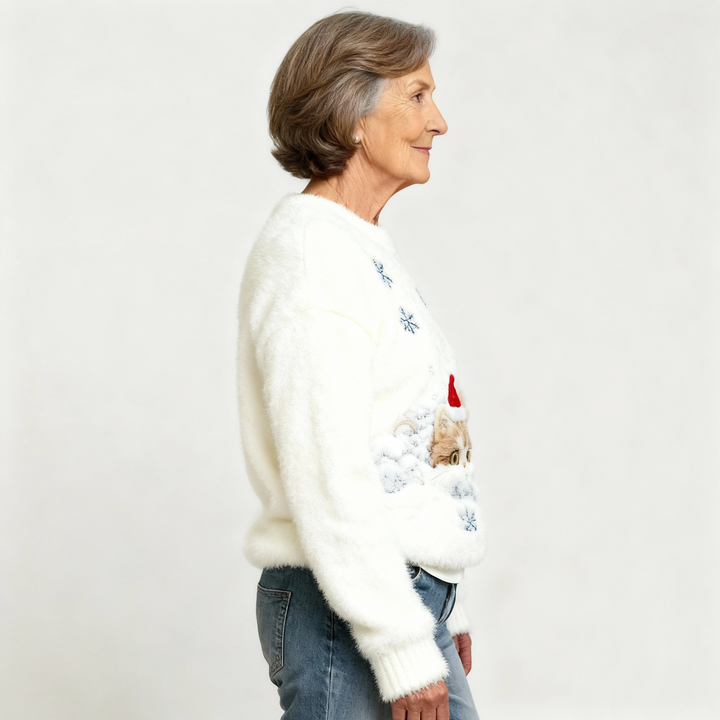 Casual Flannel Sweatshirt with Christmas Cat Print for Women