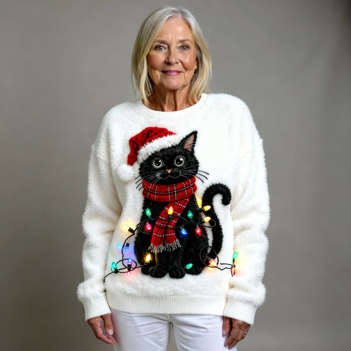 Casual Flannel Sweatshirt with Christmas Cat Print for Women
