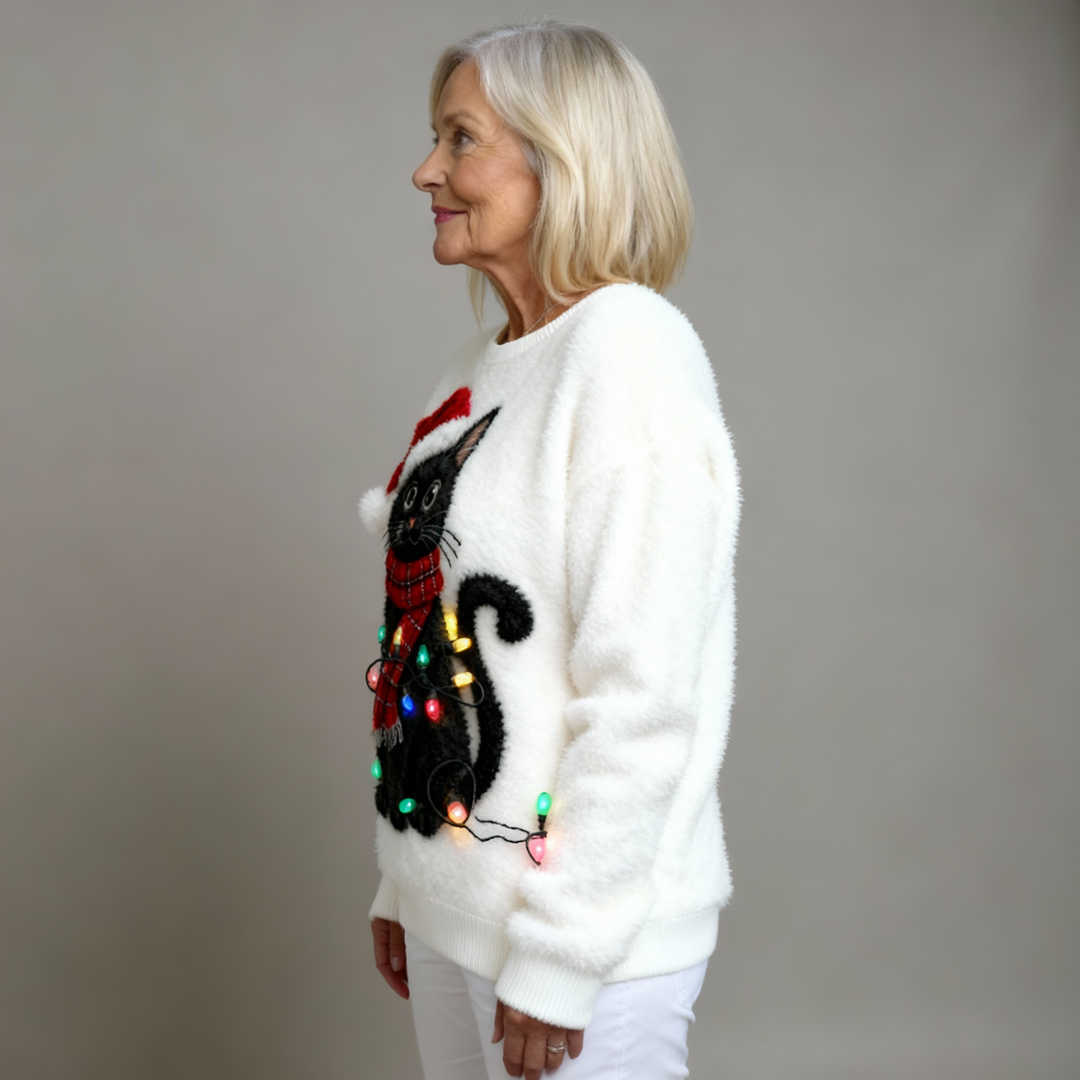 Casual Flannel Sweatshirt with Christmas Cat Print for Women