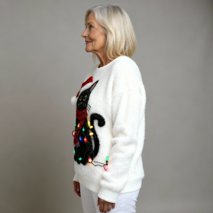Casual Flannel Sweatshirt with Christmas Cat Print for Women