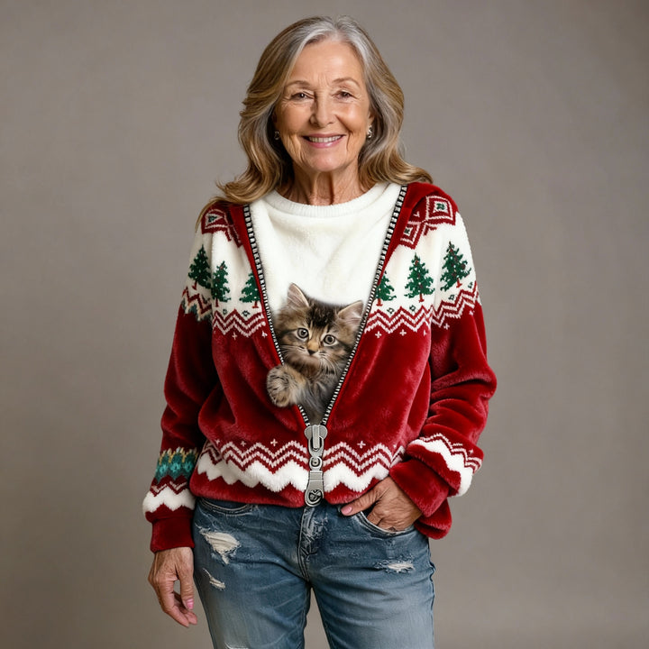 Comfortable Flannel Sweatshirt with Retro Christmas Animal Art Print for Women