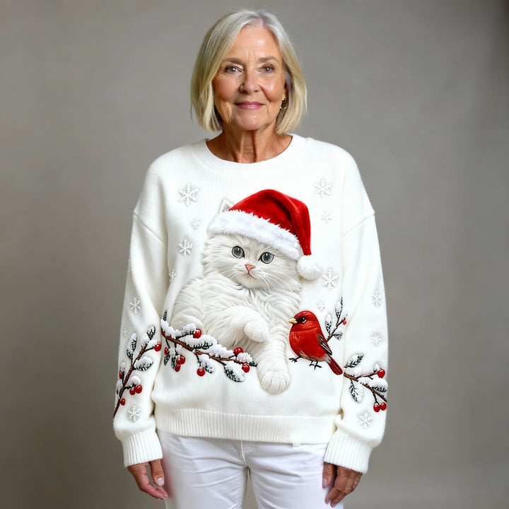 Casual Flannel Christmas Cat Art Sweatshirt for Women