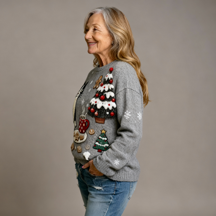 Comfortable Flannel Sweatshirt with Retro Christmas Animal Art Print for Women
