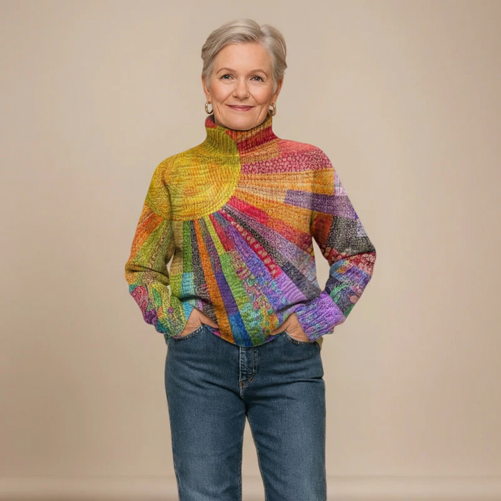 Colorful Sun Collage Print Knit Turtleneck Pullover Sweater