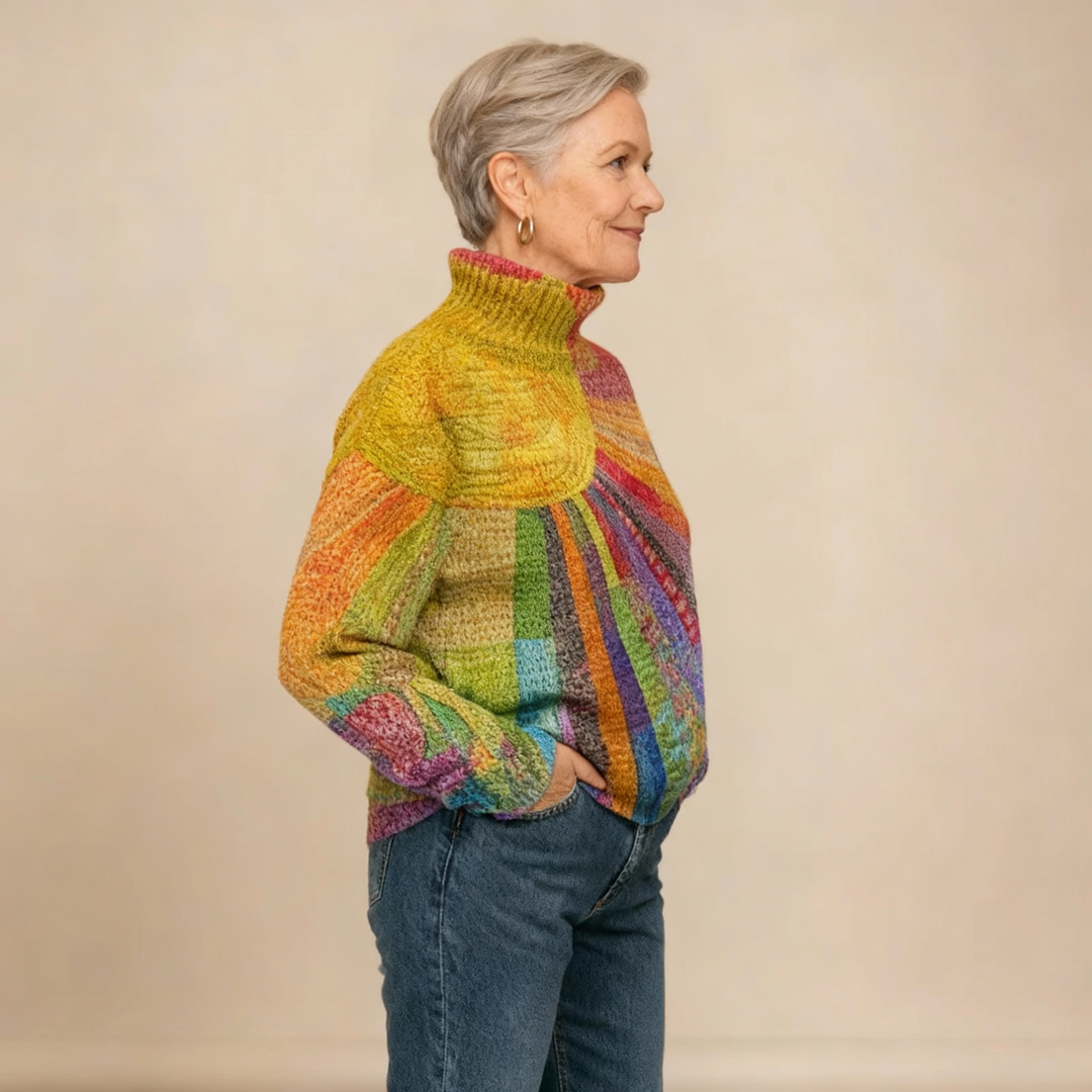 Colorful Sun Collage Print Knit Turtleneck Pullover Sweater