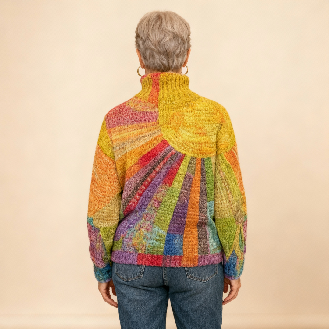 Colorful Sun Collage Print Knit Turtleneck Pullover Sweater