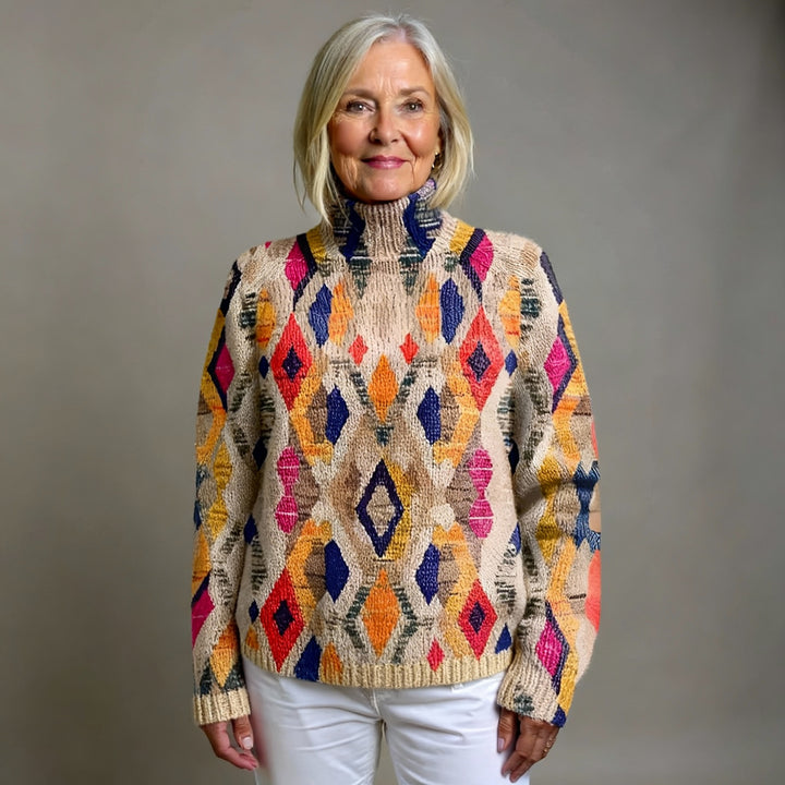 CLAUDIA™ Geometric Check Knitted Turtleneck Sweater