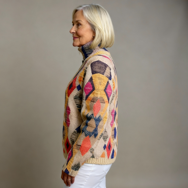 CLAUDIA™ Geometric Check Knitted Turtleneck Sweater