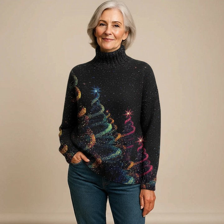 Glitter Christmas Tree Knit Turtleneck Sweater