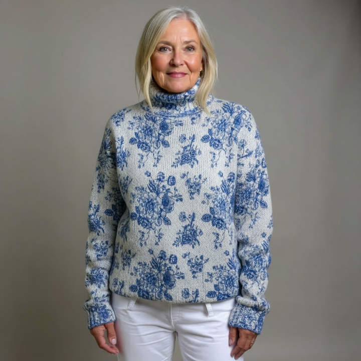 Blue Blossom Knit Turtleneck Sweater