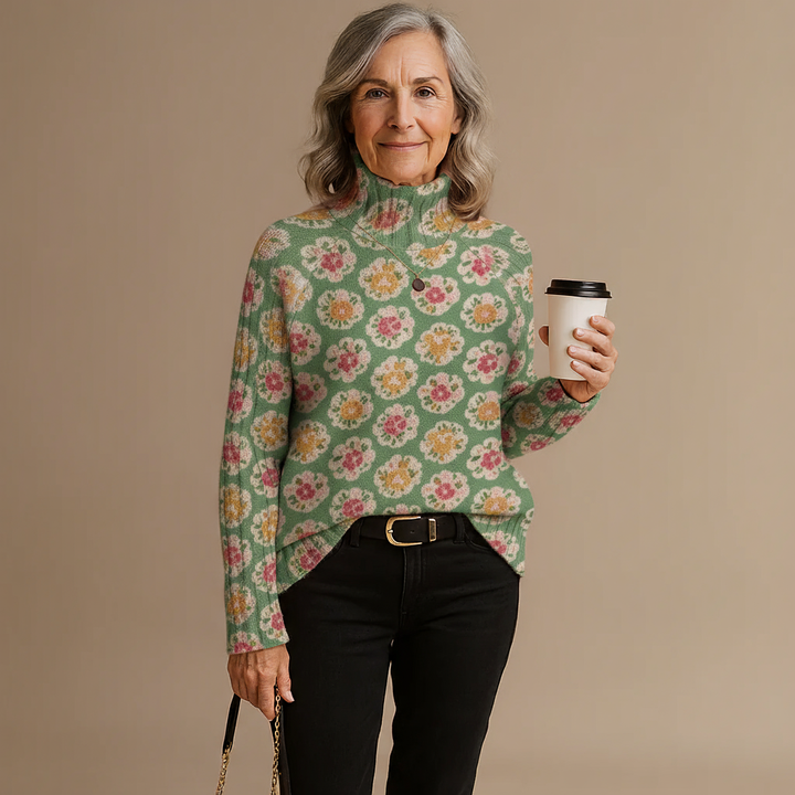 Women's Lovely Floral Art Print Knit Turtleneck Pullover Sweater