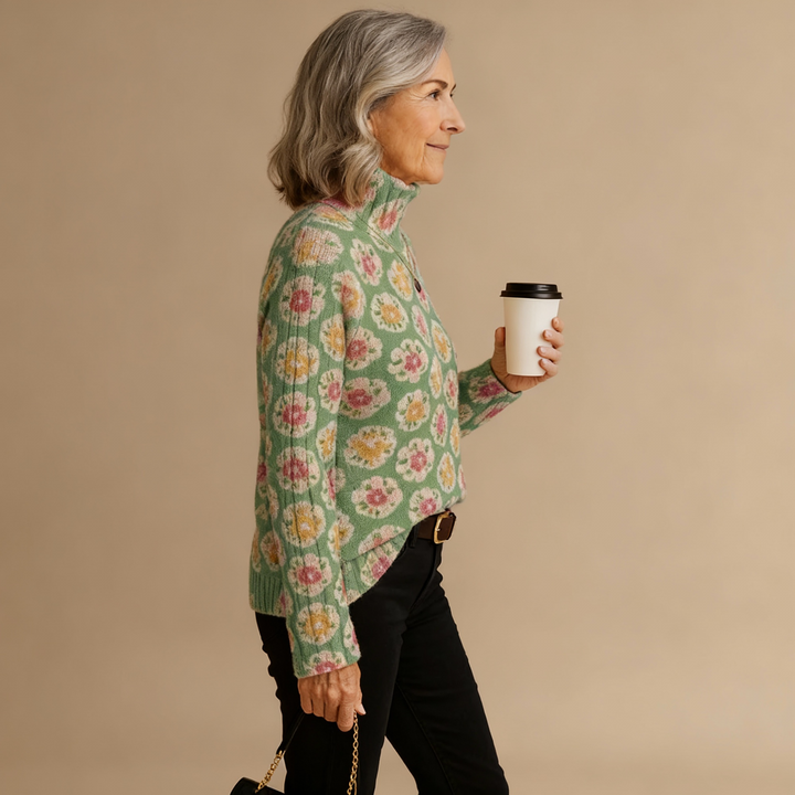 Women's Lovely Floral Art Print Knit Turtleneck Pullover Sweater