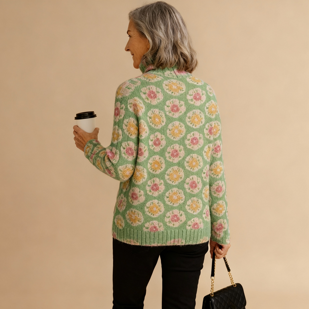 Women's Lovely Floral Art Print Knit Turtleneck Pullover Sweater