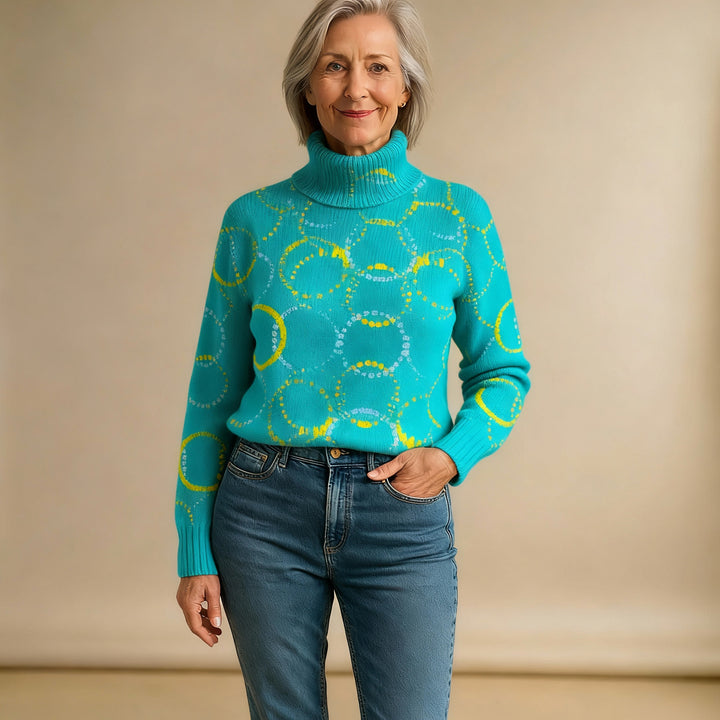Bright Circle Art Print Knit Turtleneck Pullover Sweater