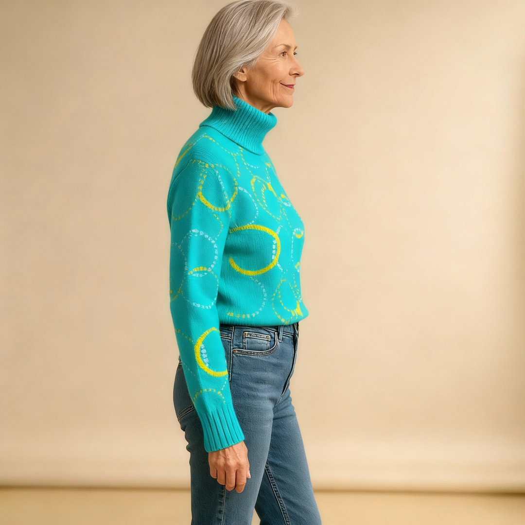 Bright Circle Art Print Knit Turtleneck Pullover Sweater