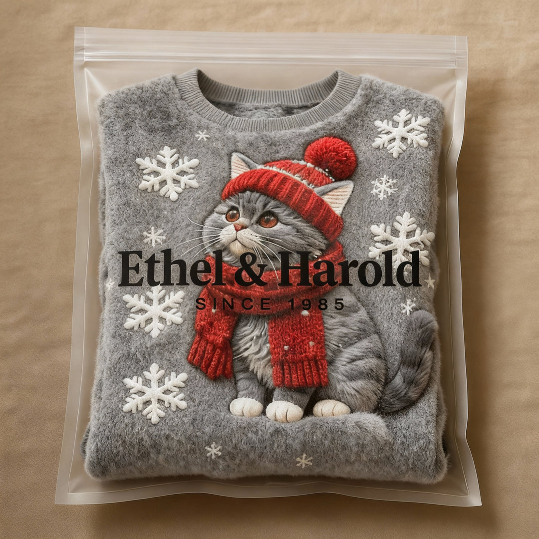 Casual Hooded Flannel Sweatshirt with Christmas Cat Print for Women