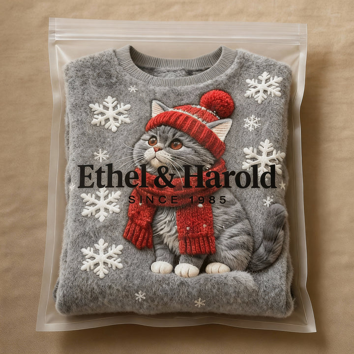 Casual Hooded Flannel Sweatshirt with Christmas Cat Print for Women