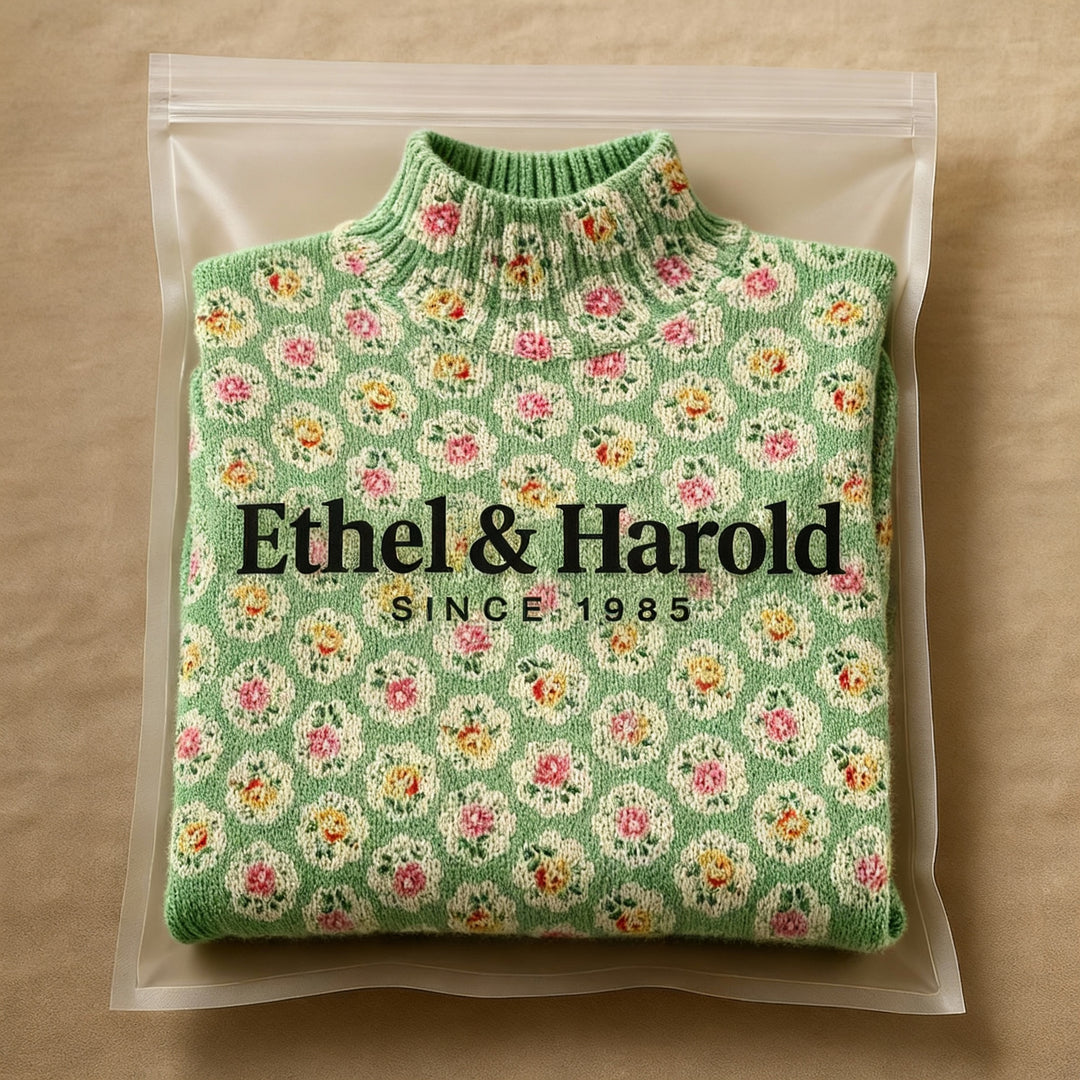 Women's Lovely Floral Art Print Knit Turtleneck Pullover Sweater